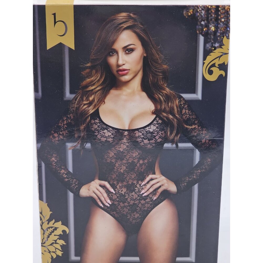 Baci Lingerie Women's One Size 2-14 Black Sheer Sexy Long Sleeve Bodysuit